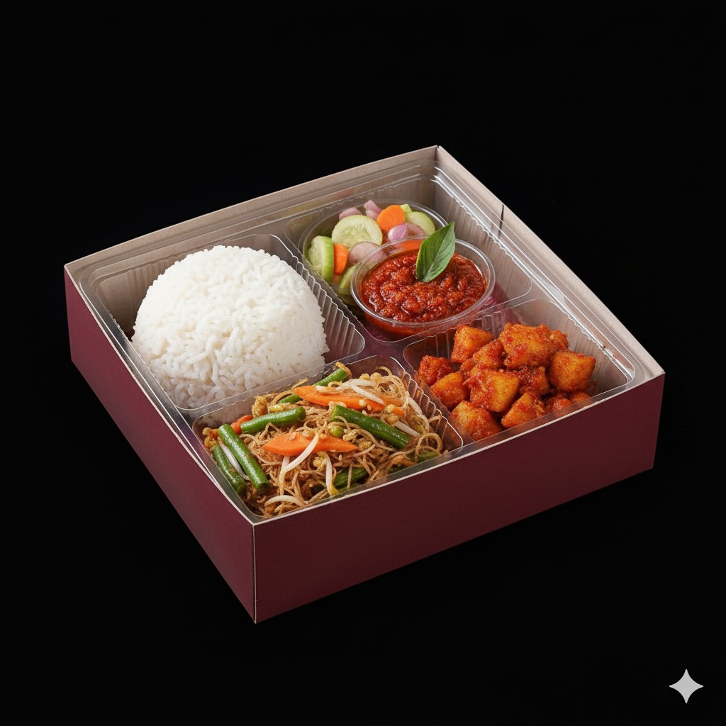 Paket Nasi B ( Nasi Putih+ Acar+ Sambel+Tumis Buncis/Sambel Goreng Kentang+Bihun goreng)